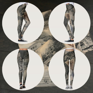 Monochromatic Sepia Vintage Postcard Imagery Grey Leggings