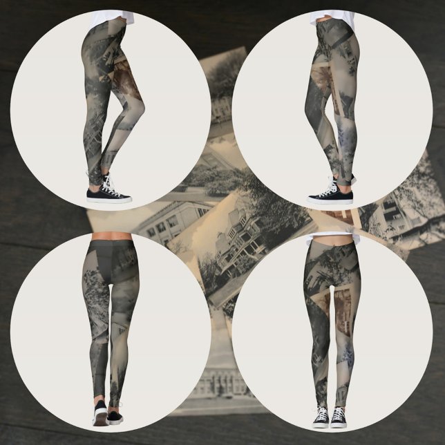 Monochromatic Sepia Vintage Postcard Imagery Grey Leggings (Creator Uploaded)