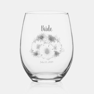 Monochromatic Sketch Minimalist Daisy Bride Stemless Wine Glass