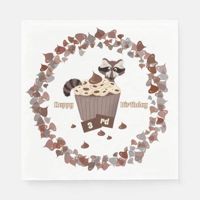 Monochromatic Sneaky Racoon Cupcake Birthday  Napkin (Front)