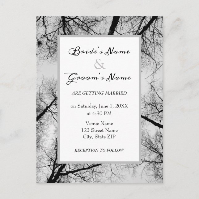Monochromatic treetops wedding invitation postcard (Front)