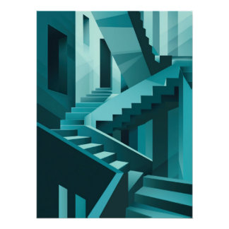 Monochromatic Turquoise Isometric Staircase Maze Poster