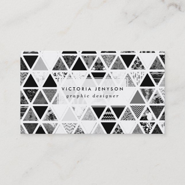 Monochrome Abstract Floral Triangles Patchwork Business Card (Front)