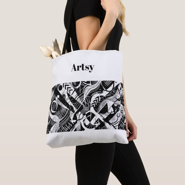 Monochrome: Abstract Geometric High-Contrast Tote Bag (Close Up)