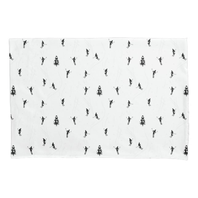Monochrome Alpine Skiers Skiing Illustration    Pillowcase (Front-Left)