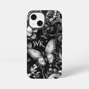 Monochrome Antique Floral Butterflies Monogram iPhone 13 Mini Case