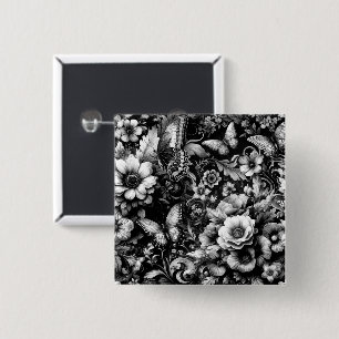  Monochrome Antique Floral with Butterflies  15 Cm Square Badge