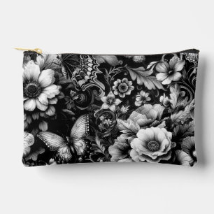 Monochrome Antique Floral with Butterflies Accessory Pouch