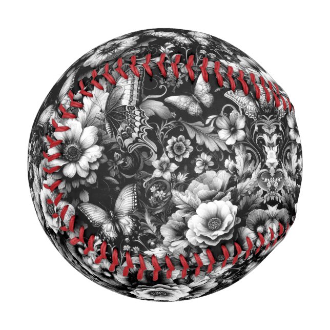  Monochrome Antique Floral with Butterflies  Baseball (Front Left)