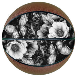 Monochrome Antique Floral with Butterflies Basketball