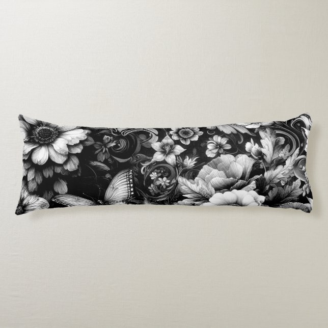  Monochrome Antique Floral with Butterflies  Body Cushion (Front)