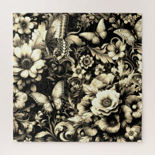 Monochrome Antique Floral with Butterflies Jigsaw Puzzle