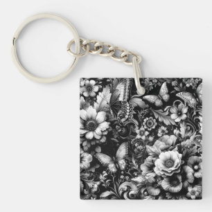 Monochrome Antique Floral with Butterflies Key Ring