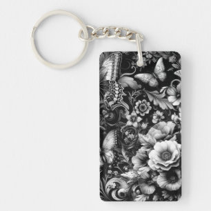 Monochrome Antique Floral with Butterflies Key Ring