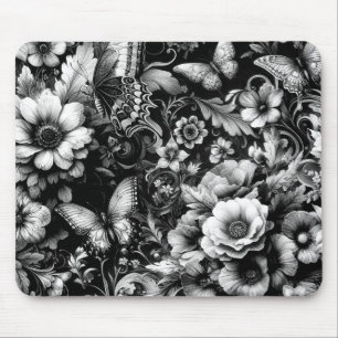 Monochrome Antique Floral with Butterflies Mouse Pad