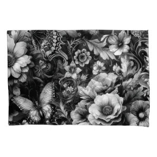 Monochrome Antique Floral with Butterflies Pillowcase