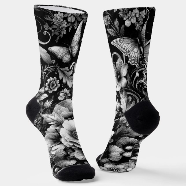  Monochrome Antique Floral with Butterflies  Socks (Angled)