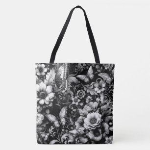 Monochrome Antique Floral with Butterflies Tote Bag