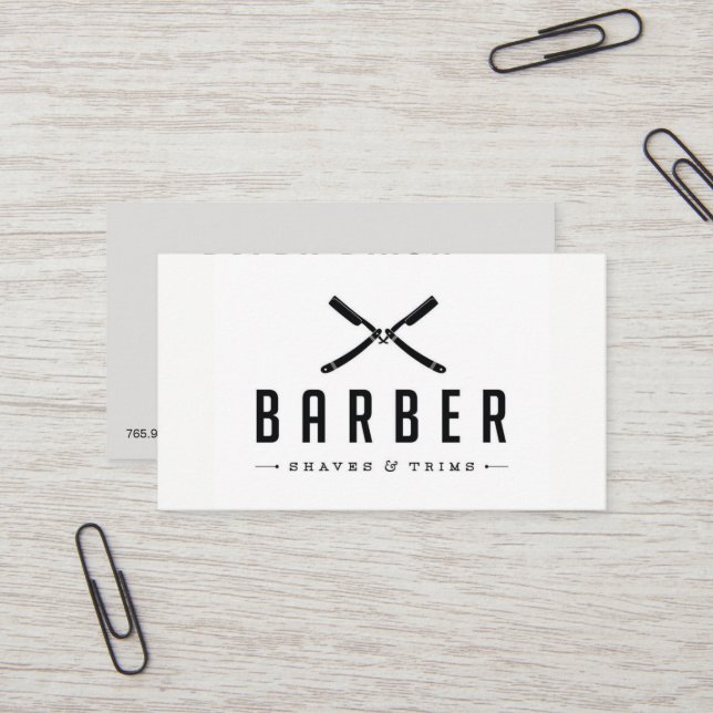 Monochrome Barber Shop Cut & Shave Business Card (Front/Back In Situ)