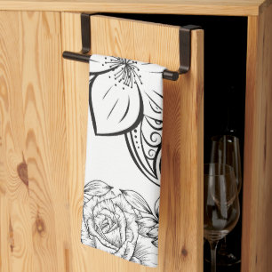 Monochrome Beautiful Flower, Graphic Artwork Tea Towel
