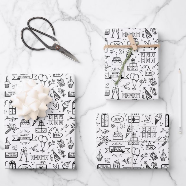 Monochrome Birthday Pattern Wrapping Paper Sheet (Front)