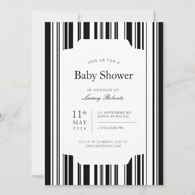 Monochrome Black and White Barcode Stripe Shower Invitation (Front)