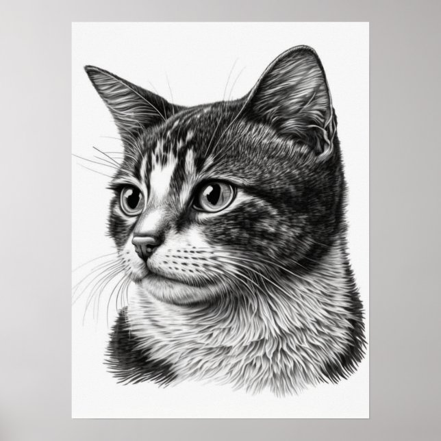 Monochrome Black and White Cat Portrait Poster (Front)