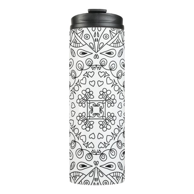Monochrome Black and White Line Art Pattern Thermal Tumbler (Front)