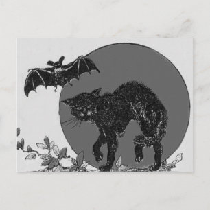 Monochrome Black Cat Bat Full Moon Postcard