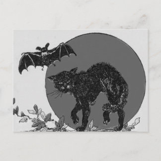 Monochrome Black Cat Bat Full Moon Postcard