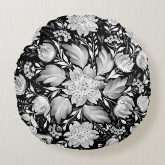 Monochrome Black & White Folk Art Round Cushion