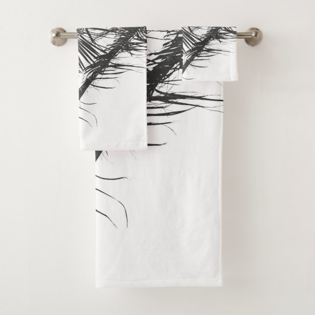 Monochrome Black White Palm Tree Leaves Bath Towel Set (Insitu)