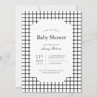 Monochrome Black White Square Geometric Plaid Invitation
