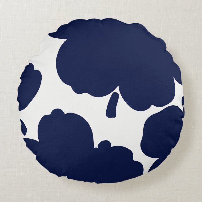 Monochrome Bloom Navy Round Cushion (Front)