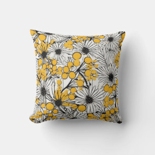 Monochrome Blooms: Mimosa and Daisy Fusion Cushion