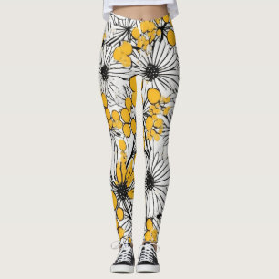 Monochrome Blooms: Mimosa and Daisy Fusion Leggings
