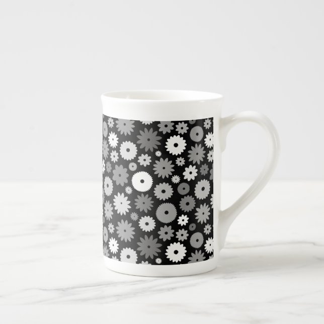 Monochrome Blooms Pattern Bone China Mug (Right)
