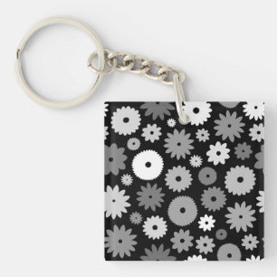 Monochrome Blooms Pattern Key Ring