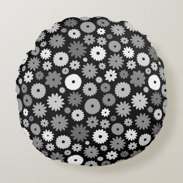 Monochrome Blooms Pattern Round Cushion (Front)