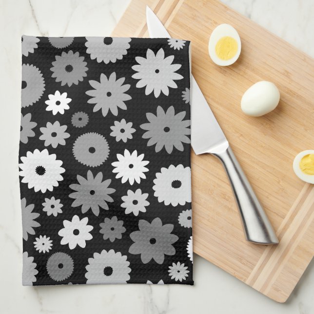 Monochrome Blooms Pattern Tea Towel (Quarter Fold)