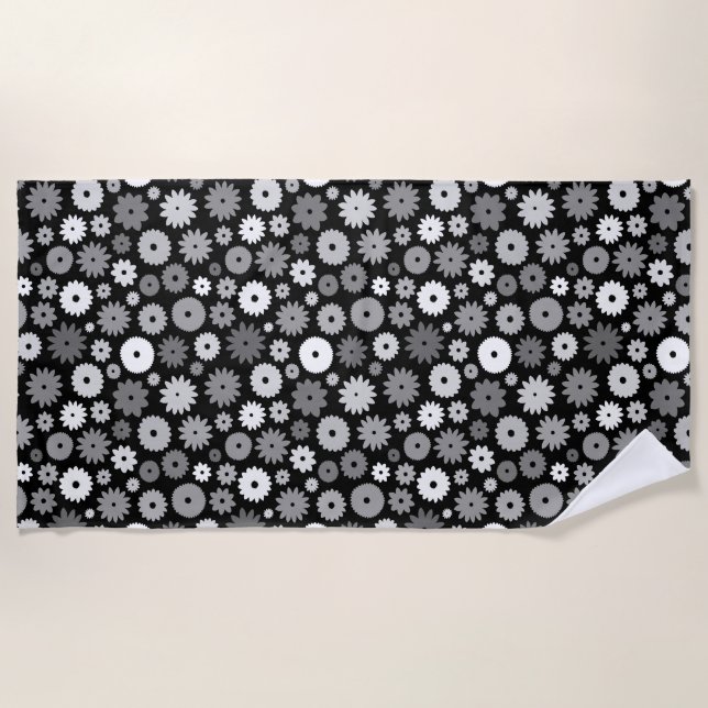 Monochrome Blooms Repeat Pattern Beach Towel (Front)