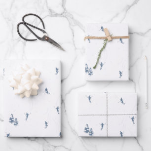 Monochrome Blue Alpine Skiers Skiing  Wrapping Paper Sheet