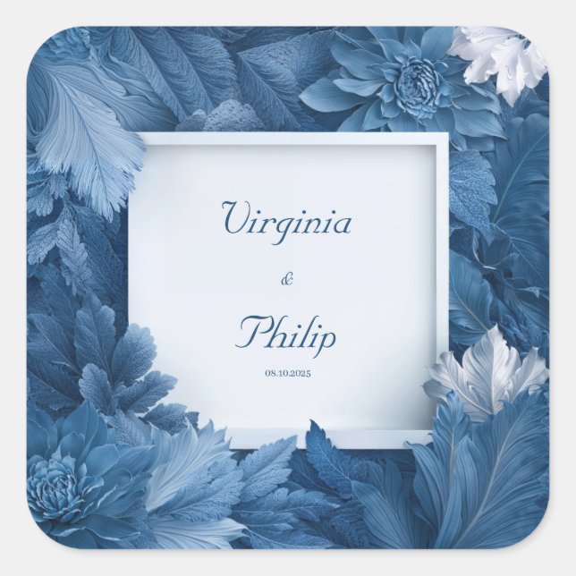 Monochrome Blue Floral Sculptural Foliage Wedding Square Sticker (Front)
