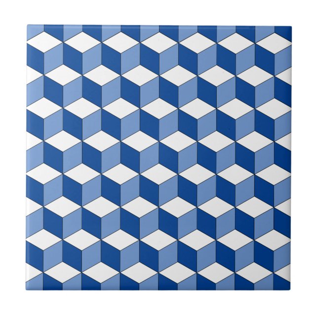 Monochrome Blue Isometric Pattern Ceramic Tile (Front)