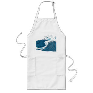 Monochrome Blue Ocean Waves Long Apron