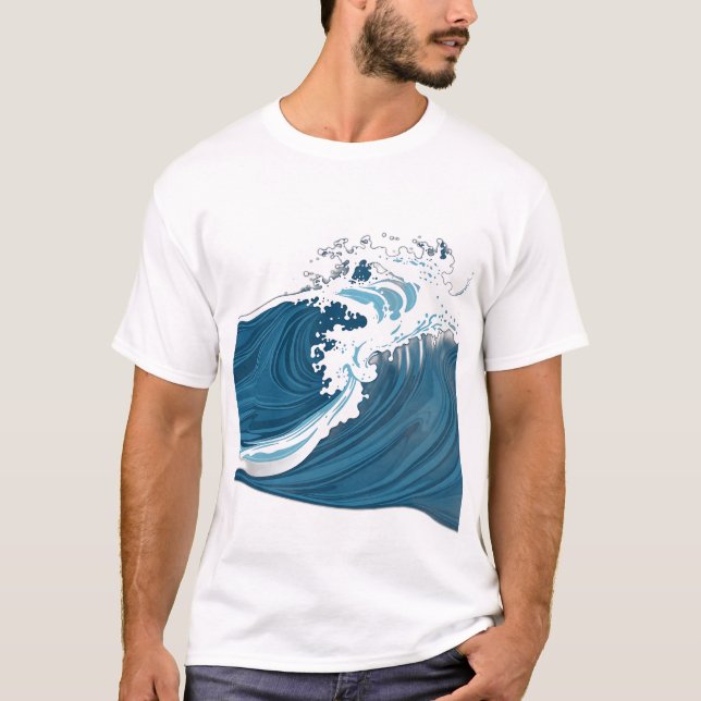 Monochrome Blue Ocean Waves T-Shirt (Front)