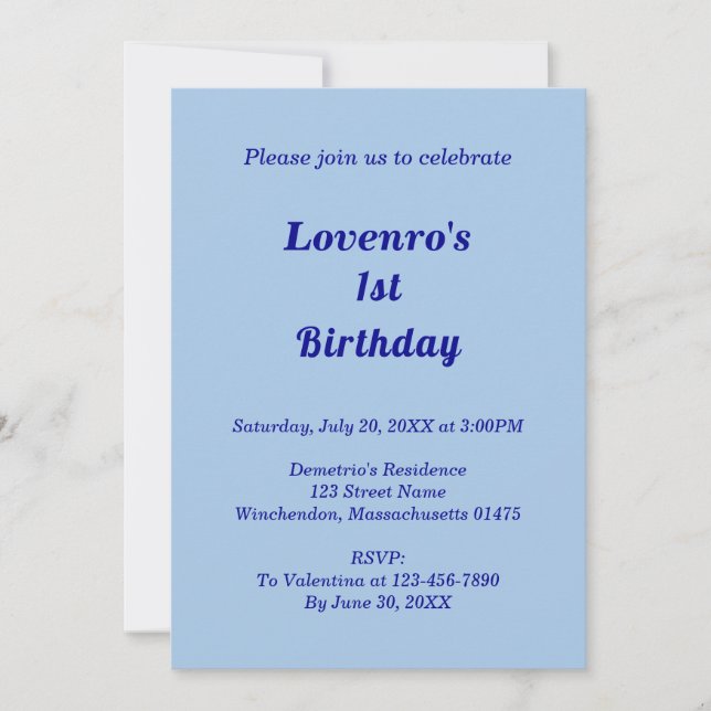 Monochrome Blue Plain Texts Kids Birthday Invitation (Front)