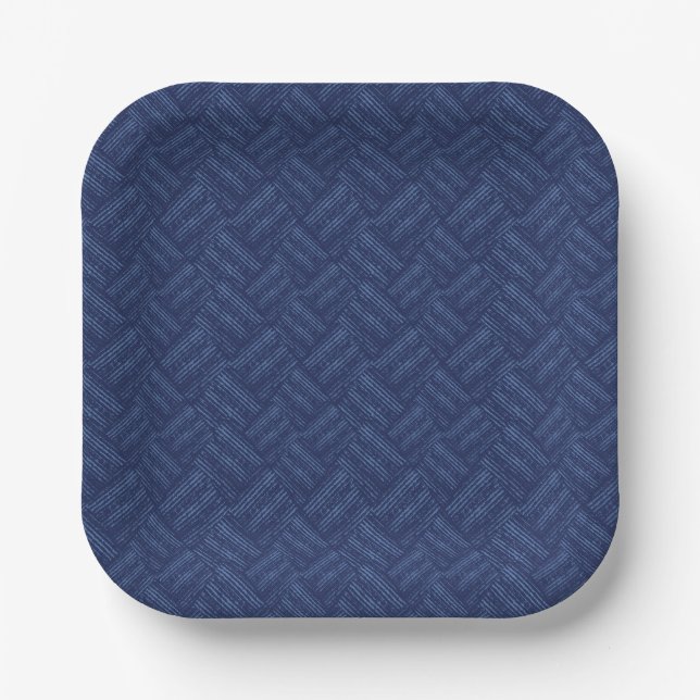 Monochrome blue textured herringbone pattern. paper plate (Front)