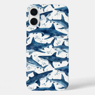 Monochrome blue watercolour shark ocean iPhone 16 plus case