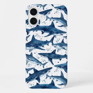 Monochrome blue watercolour shark ocean iPhone 16 plus case